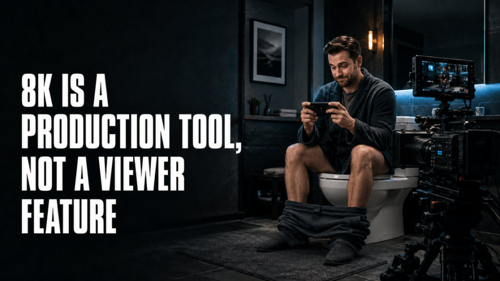 Man sitting on a toilet with his pants at his ankles, watching a phone horizontally beside professional cinema cameras.