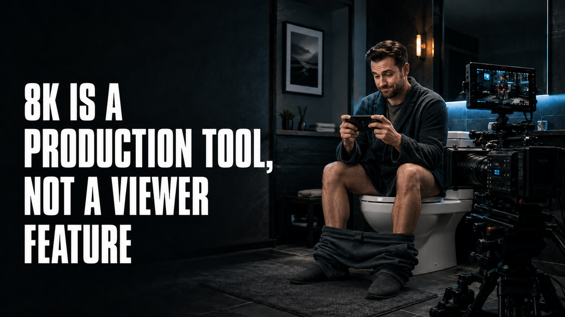 Man sitting on a toilet with his pants at his ankles, watching a phone horizontally beside professional cinema cameras.