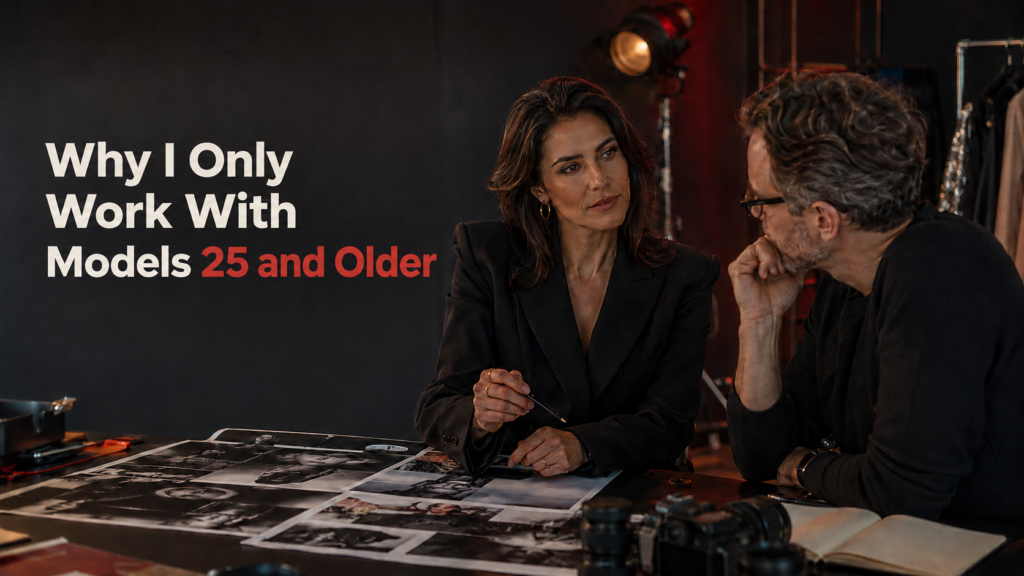 Adult model and photographer review a shoot concept in a studio beside the title, “Why I Only Work With Models 25 and Older.”